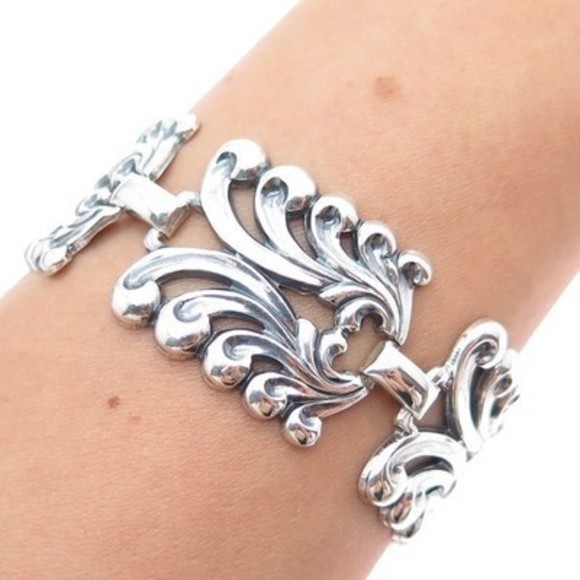 DANECRAFT 925 Sterling Silver Antique Floral Panel Link Oxidized Bracelet 7.75" - Picture 1 of 6